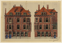 216254 Opstanden van de voor- en rechtergevel van het ontwerp voor een postkantoor aan de Burgemeester Reigerstraat ...